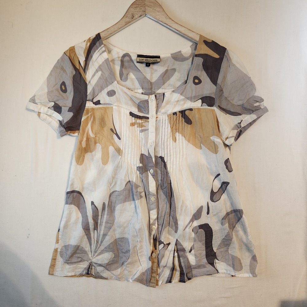 Lori Michaels Womens 12 Cotton Button Up Blouse Abstract Floral Square Neck Top